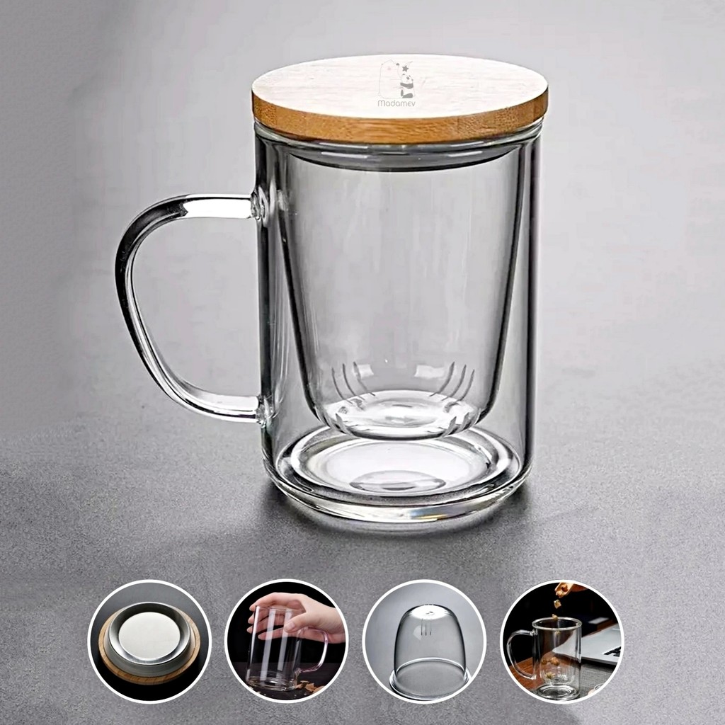 madamev Borosilikat Cam Süzgeçli Bambu Kapaklı Kupa Kulplu Demlik Modeli Çift Kat Bitki Çay Bardağı 400 Ml. Fincan / Bardak / Kahve Takımı Fiyatı