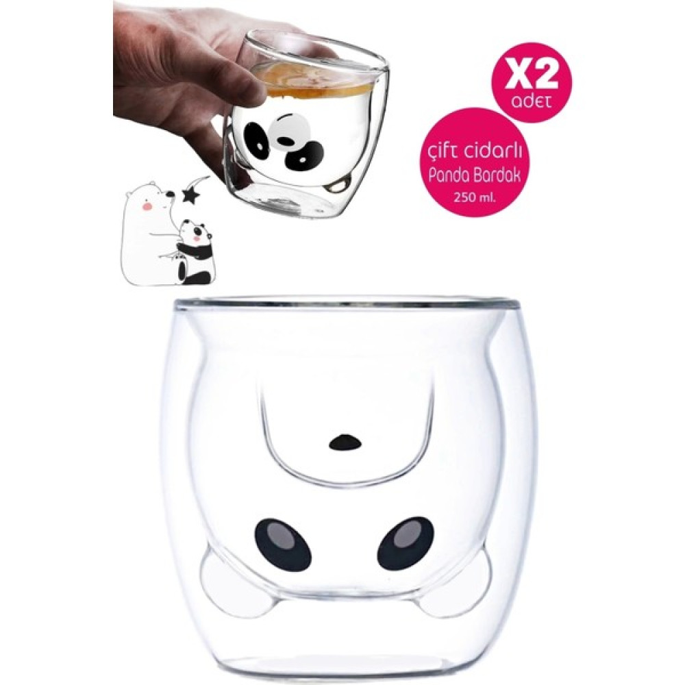madamev Sevimli Panda Çift Cidarlı Bardak Süt Çay Kahve Su Bardağı 250ML Isı Yalıtımlı Kupa Bardak Seti - Siyah - 250 ml Fincan / Bardak / Kahve Takımı Fiyatı