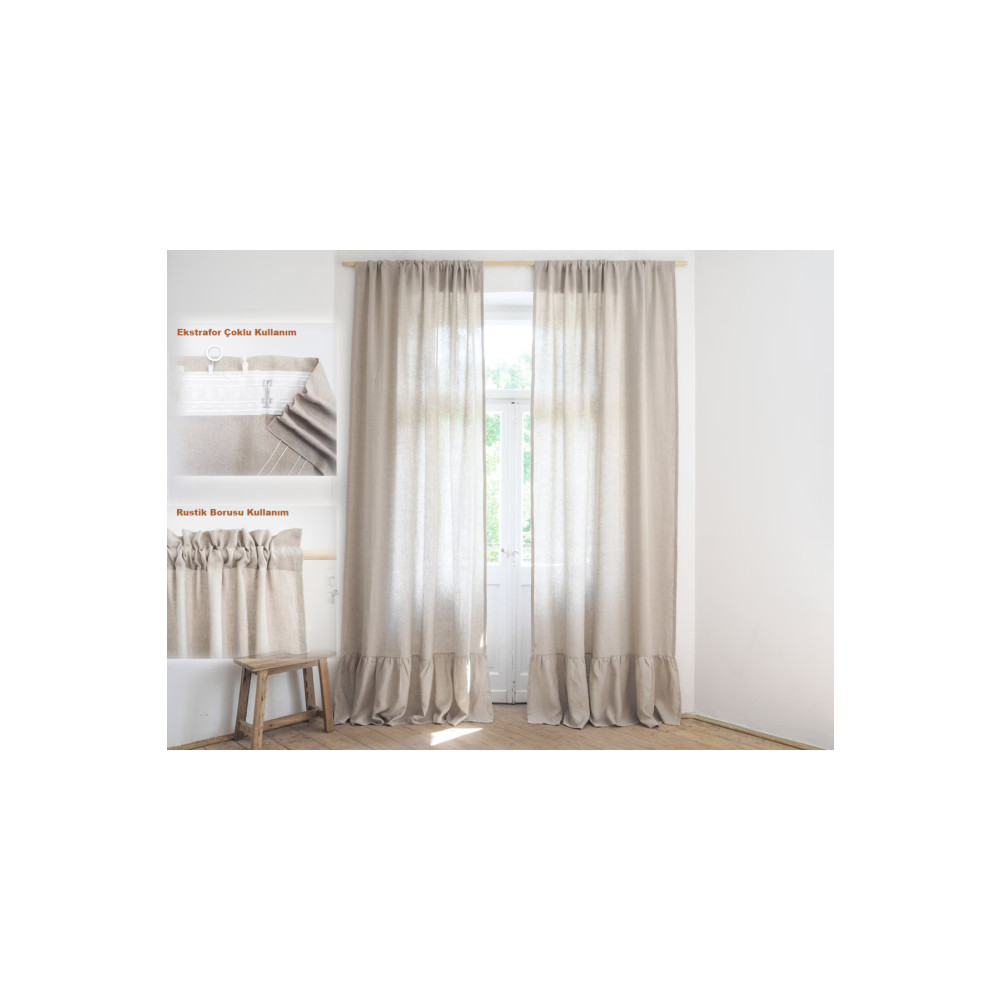 MADAMHATCE Fırfırlı Keten Vintage %100 Pamuk Buldan Dokuma Güneşlik Perdesi (Bej) Pilesiz Ekstrafor Büzgü 150 x 220 Beden Fon Perde Fiyatı