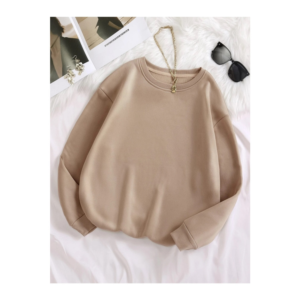 Mad&Calf Kadın Basic 0 Sıfır Yaka Baskısız Düz Oversize Salaş Bol Kesim Polar Sweatshirt 2XL Beden Bayan Sweatshirt Fiyatı