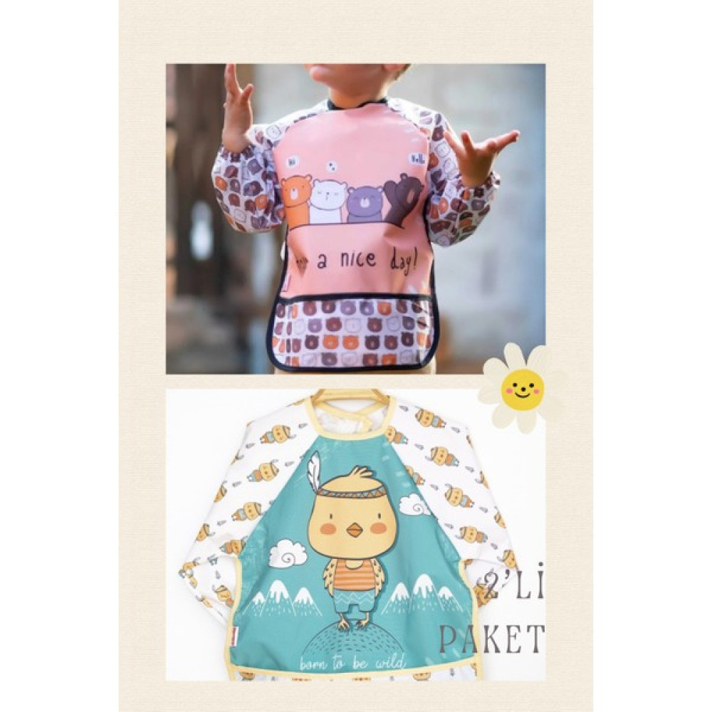 Madebyalm 2'li Sıvı Geçirmez Aktivite ve Mama Önlüğü 6-24 Ay Uyumlu Uzun Kollu - 6 - 24 Ay - Yeşil - Sarı Mama Önlüğü Fiyatı
