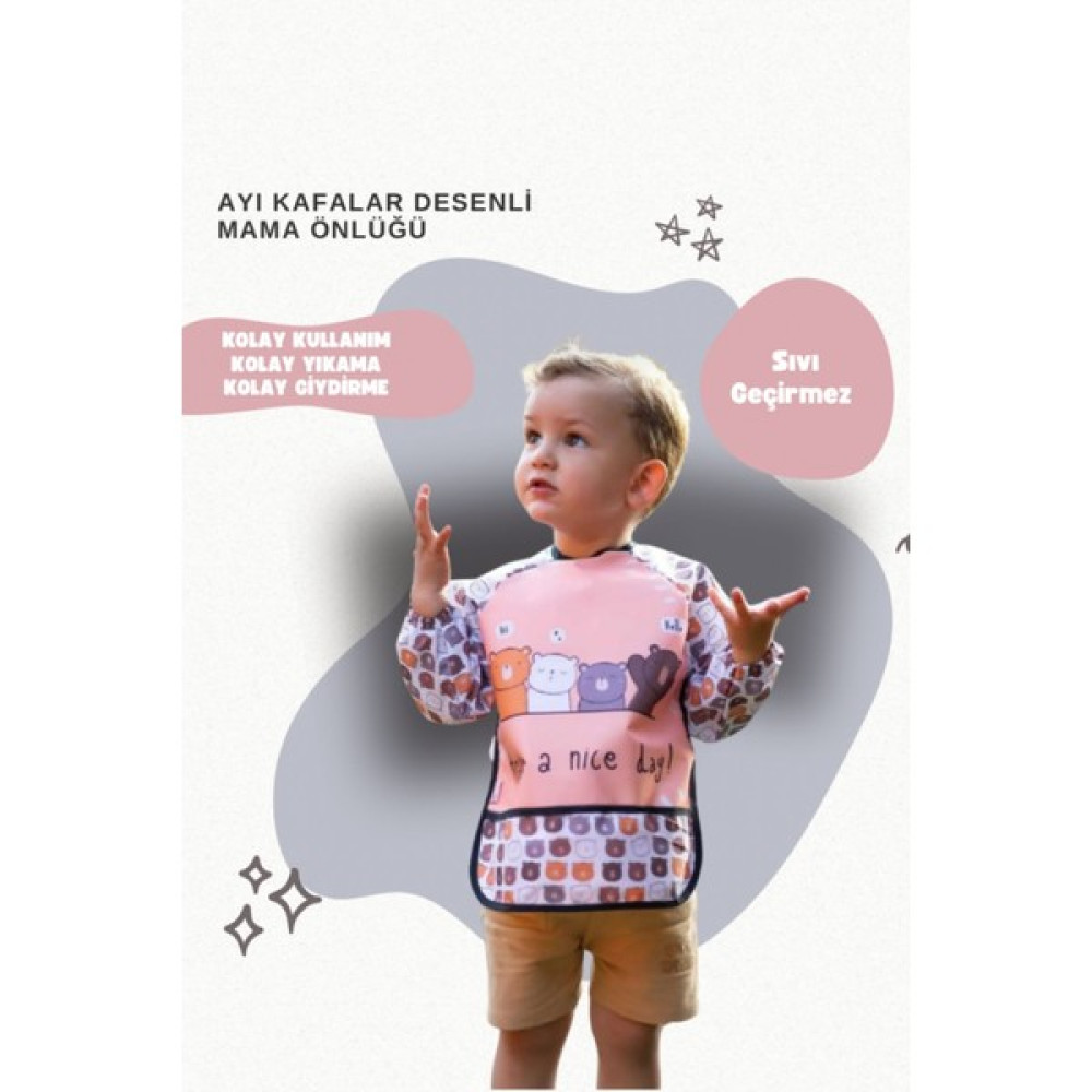 Madebyalm Ayı Kafalar Desenli Sıvı Geçirmez Aktivite ve Mama Önlüğü 6-24 Ay Uyumlu Uzun Kollu - Standart - Renkli Oto Boyaları Fiyatı