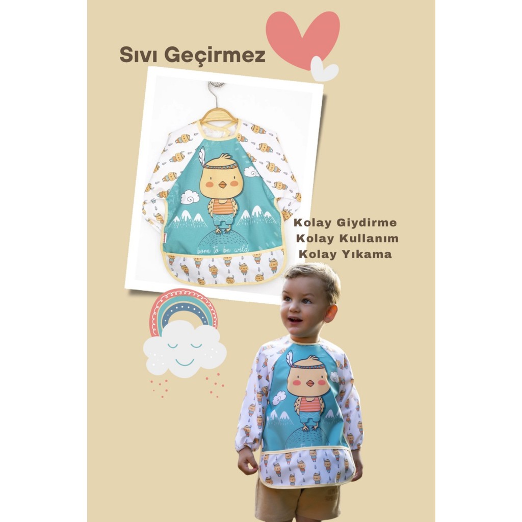 Madebyalm Sıvı Geçirmez Mama Önlüğü Ayıcık Modeli 6-24 Ay Uyumlu Uzun Kollu - 6 - 36 Ay - Turkuaz Mama Önlüğü Fiyatı