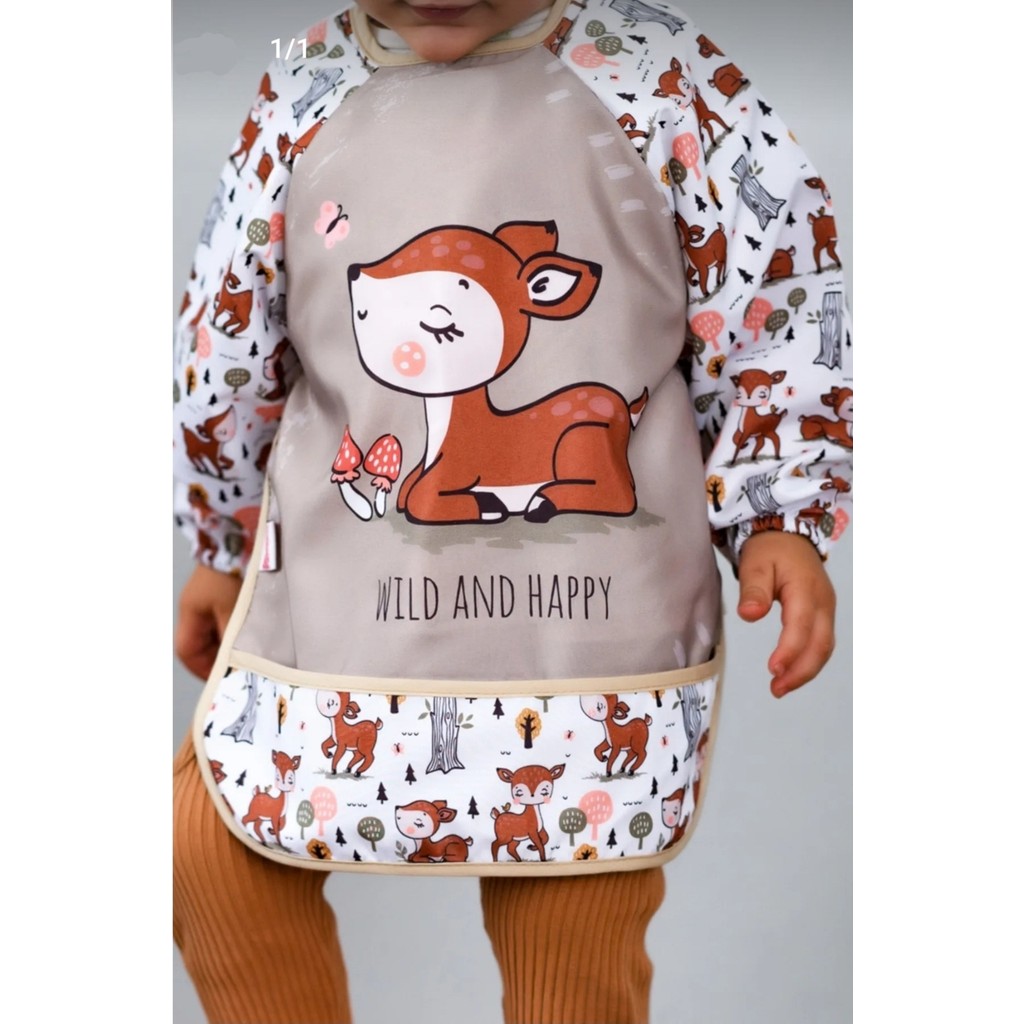 Madebyalm Sıvı Geçirmez Mama Önlüğü Karaca Modeli 6-24 Ay Uyumlu Uzun Kollu - 6 - 36 Ay - Kahverengi Mama Önlüğü Fiyatı