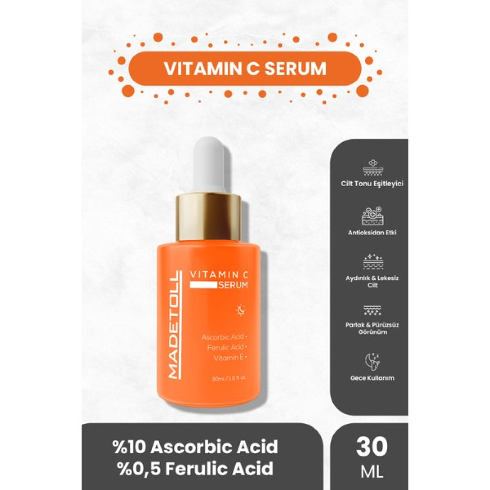 Madetoll Vitamin C Serum Aydınlatıcı ve Cilt Tonu Eşitleyici Ascorbic Acid+Ferulic Acid+E Vitamini 30 ml Anti-Aging / Yaşlanma Karşıtı Fiyatı