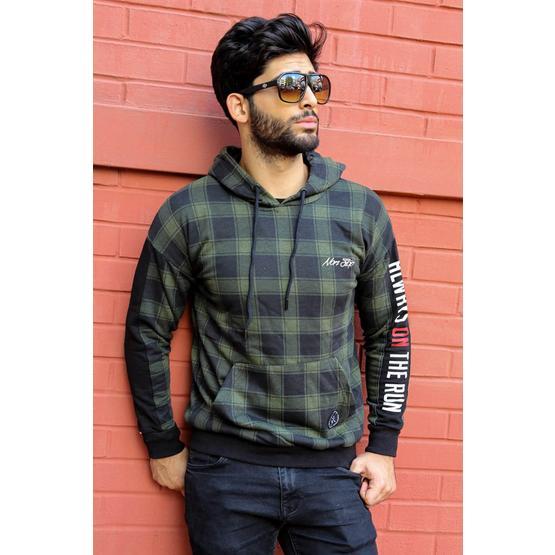 Madmext 2688 Haki Kapşonlu Ekoseli Erkek Sweatshirt