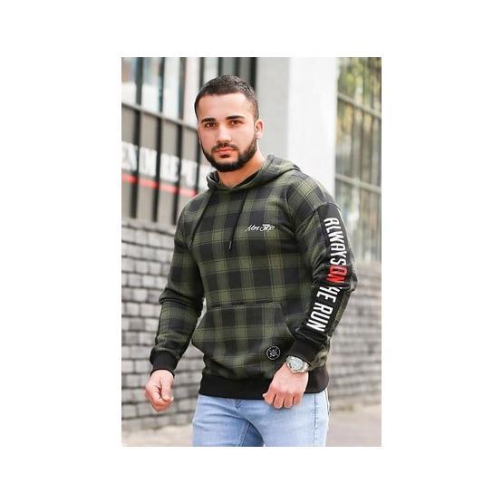 Madmext 2688 Haki Kapşonlu Ekoseli Erkek Sweatshirt