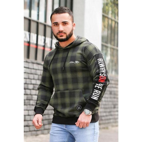 Madmext 2688 Haki Kapşonlu Ekoseli Erkek Sweatshirt