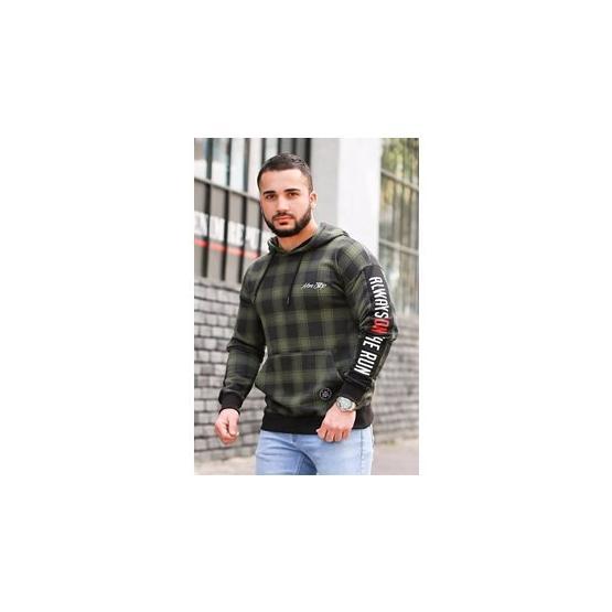 Madmext 2688 Haki Kapşonlu Ekoseli Erkek Sweatshirt