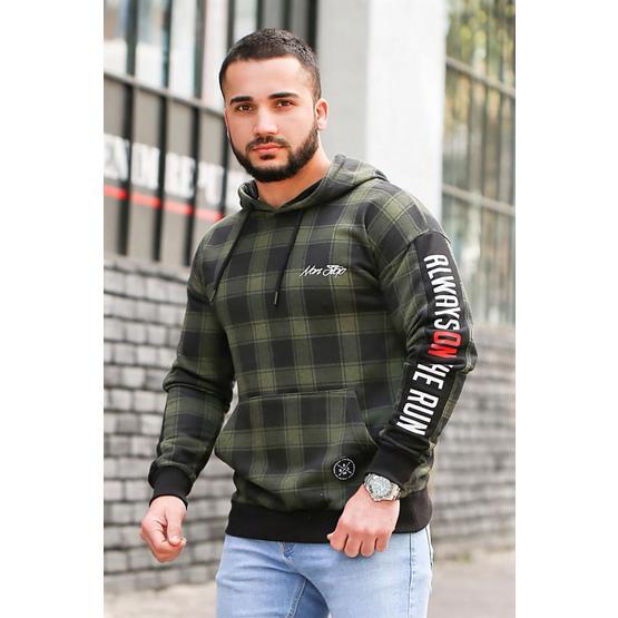 Madmext 2688 Haki Kapşonlu Ekoseli Erkek Sweatshirt