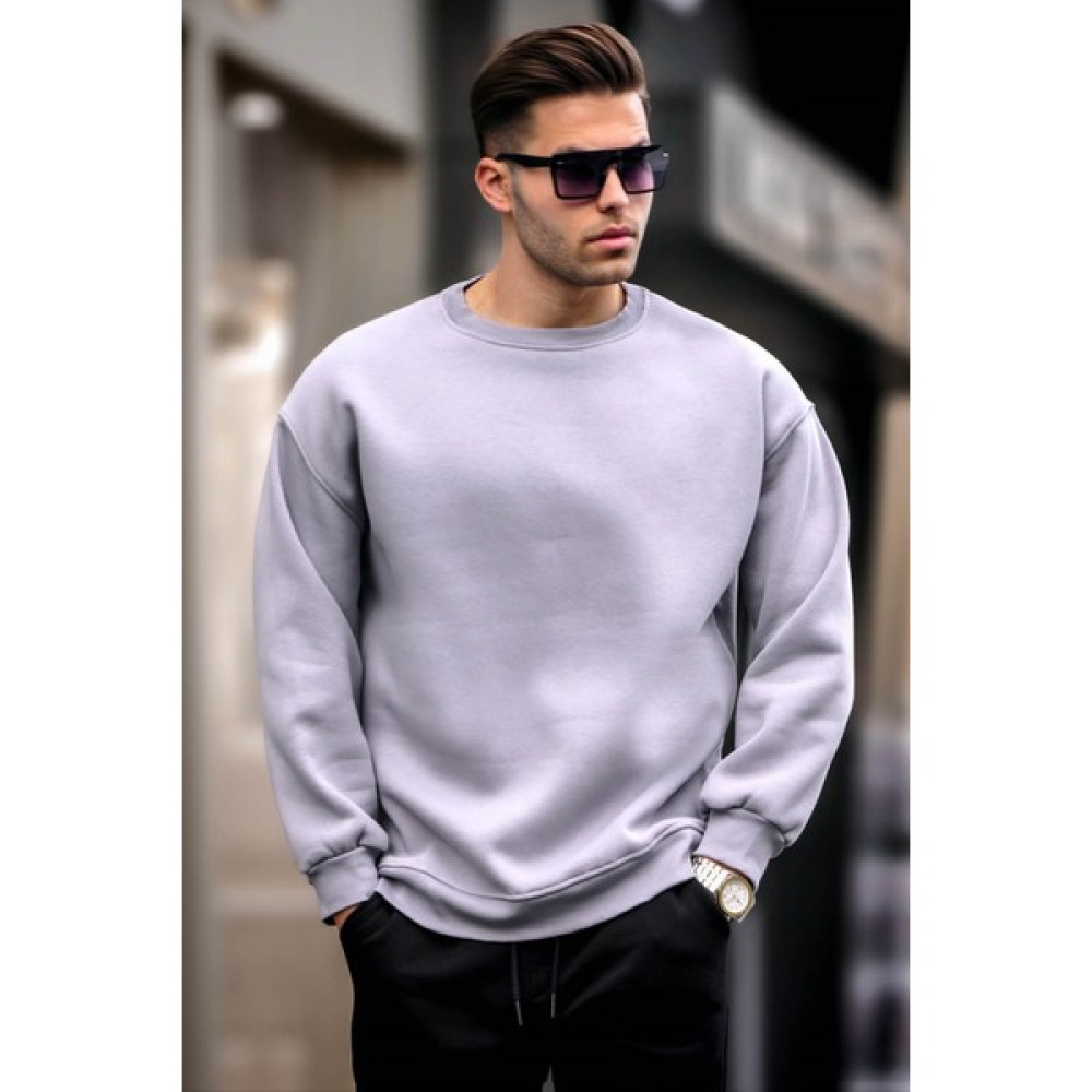 Madmext Boyalı Gri Bisiklet Yaka Oversize Şardonlu Basic Erkek Sweatshirt 6048 Erkek Sweatshirt Fiyatı