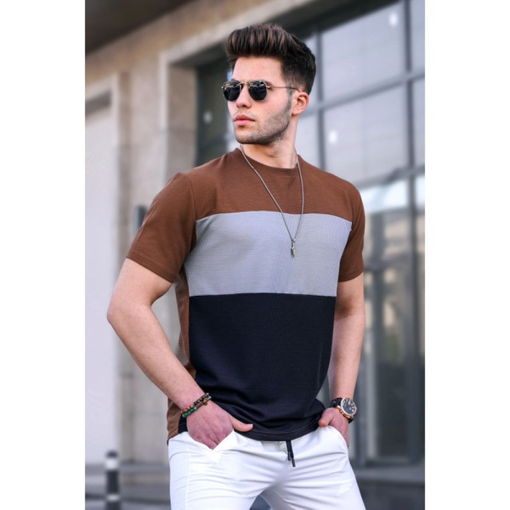 Madmext Erkek Renk Bloklu Kahverengi Tişört 5826 Erkek T-shirt Fiyatı