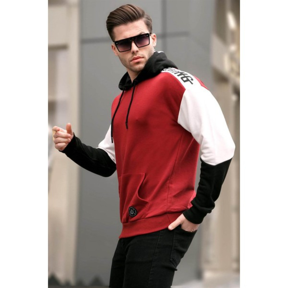 Madmext Kırmızı Kol Detaylı Kapşonlu Erkek Sweatshirt 2755 Erkek Sweatshirt Fiyatı