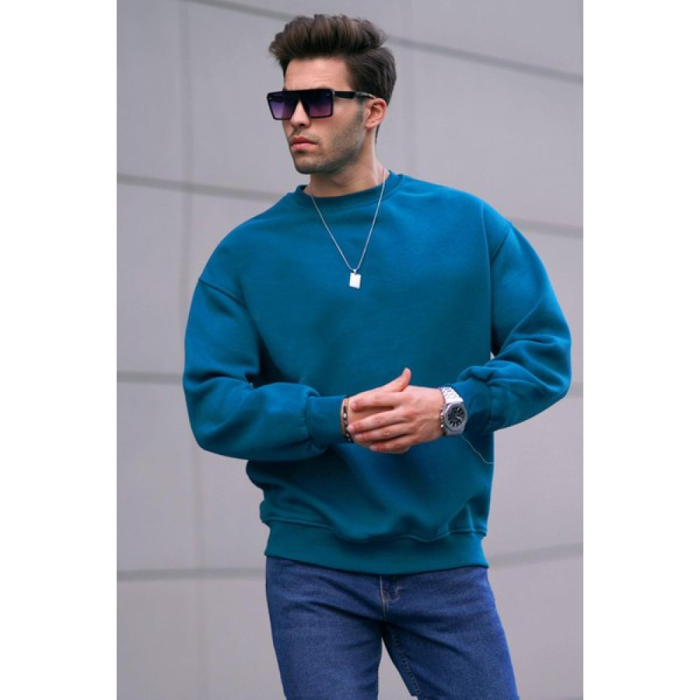 Madmext Petrol Mavi Bisiklet Yaka Oversize Şardonlu Basic Erkek Sweatshirt 6048 Erkek Sweatshirt Fiyatı