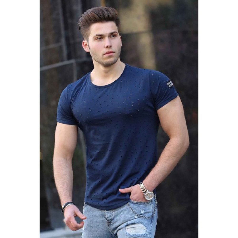 Madmext Yırtık Detaylı Lacivert T-Shirt 2883 Erkek T-shirt Fiyatı
