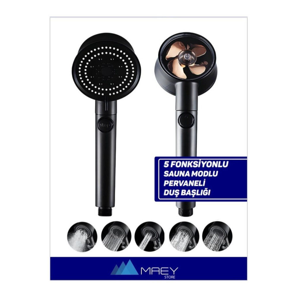 MAEY STORE Turbo Pervaneli Siyah Duş Başlığı 5 Fonksiyonlu Start-stop Tuş 360 Dönebilen Duşakabin Fiyatı