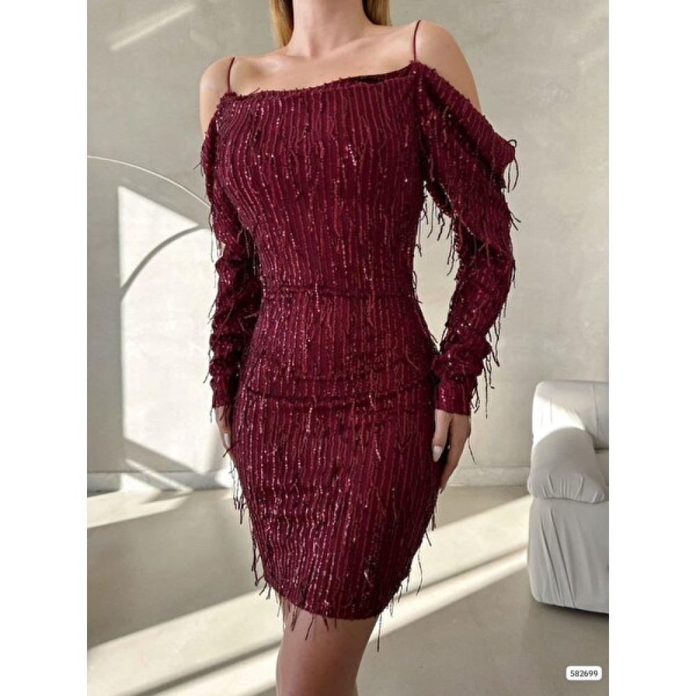 Mafdress Bordo Ince Askılı Astarlı Pul Payet Mini Abiye Elbise Elbise Fiyatı