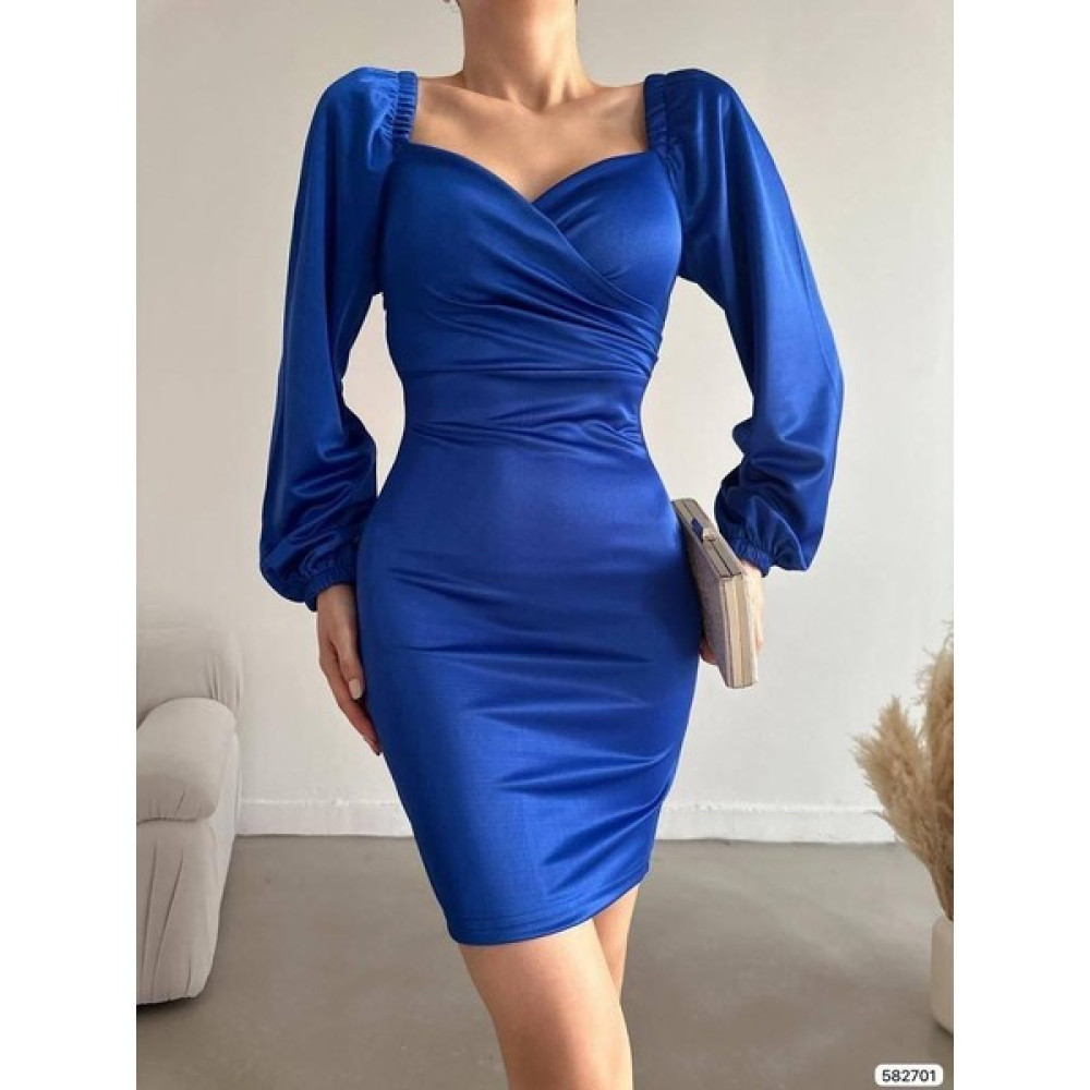 Mafdress Kalp Yaka Saks Uzun Kollu Saten Mini Abiye Elbise Elbise Fiyatı