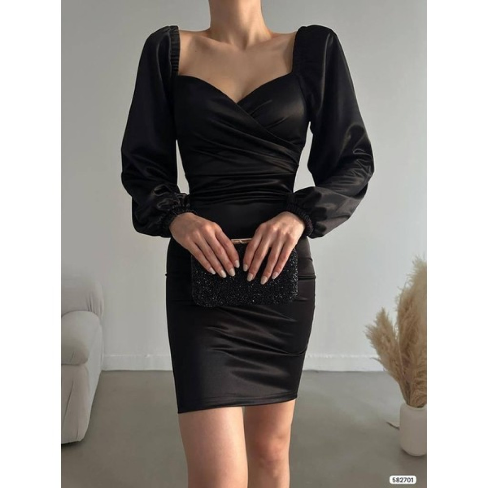 Mafdress Kalp Yaka Siyah Uzun Kollu Saten Mini Abiye Elbise Elbise Fiyatı
