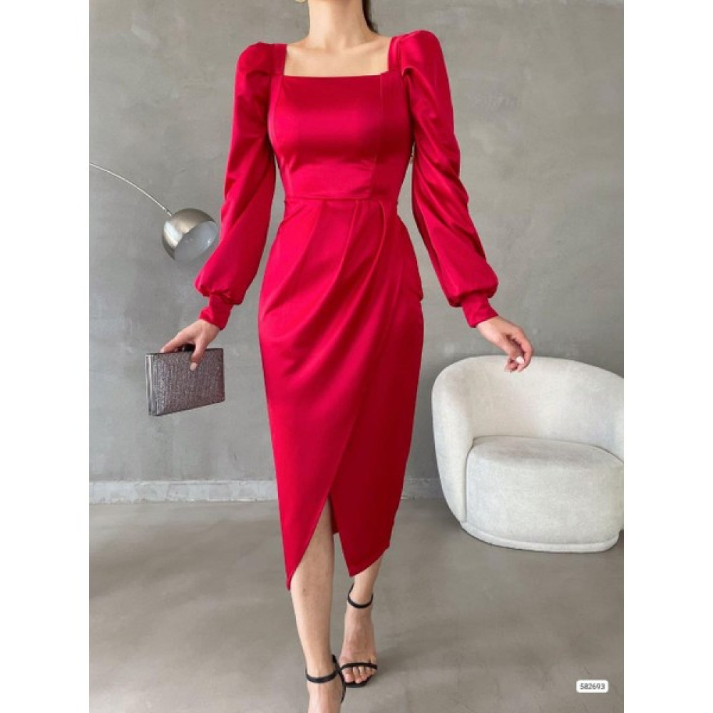 Mafdress Kare Yaka Kırmızı Midi Boy Saten Abiye Elbise Elbise Fiyatı