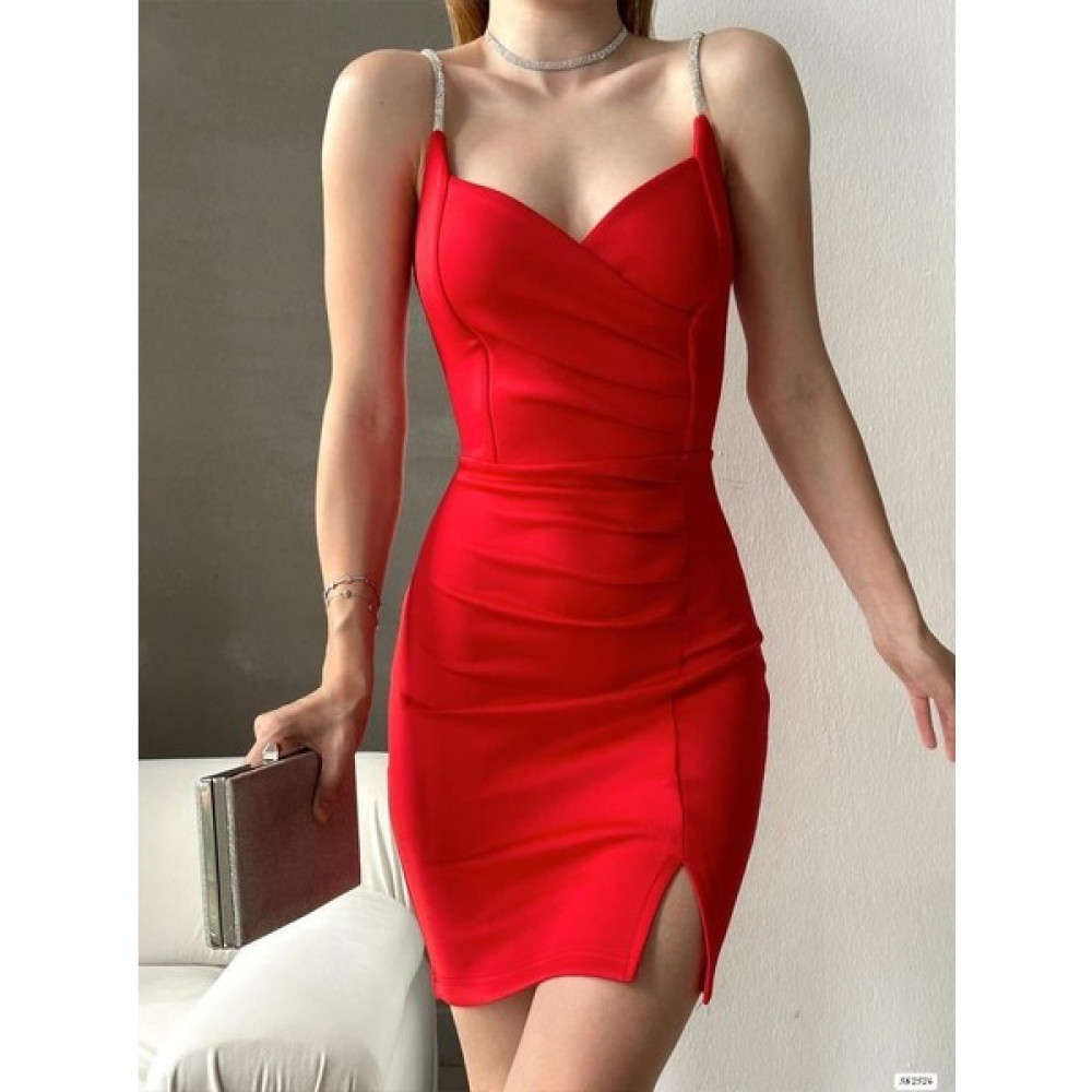 Mafdress Taş Detaylı Kırmızı Kruvaze Yaka Yırtmaçlı Scuba Kumaş Mini Abiye Elbise Elbise Fiyatı