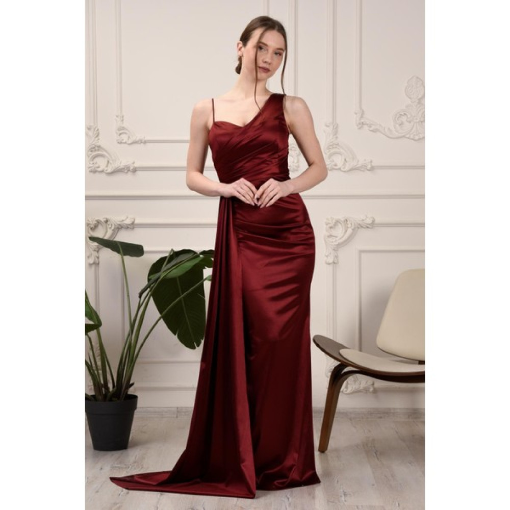 Mafdress Tek Omuz Pileli Uzun Saten Bordo Abiye Elbise Elbise Fiyatı