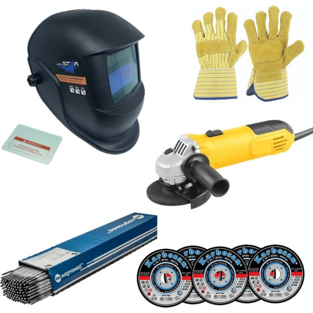 Mager 5'li Kaynakçı Set - Avuç Taşlama + Kaynak Maskesi + Elektrot + Eldiven + Kesici Disk Kaynak Makineleri Fiyatı