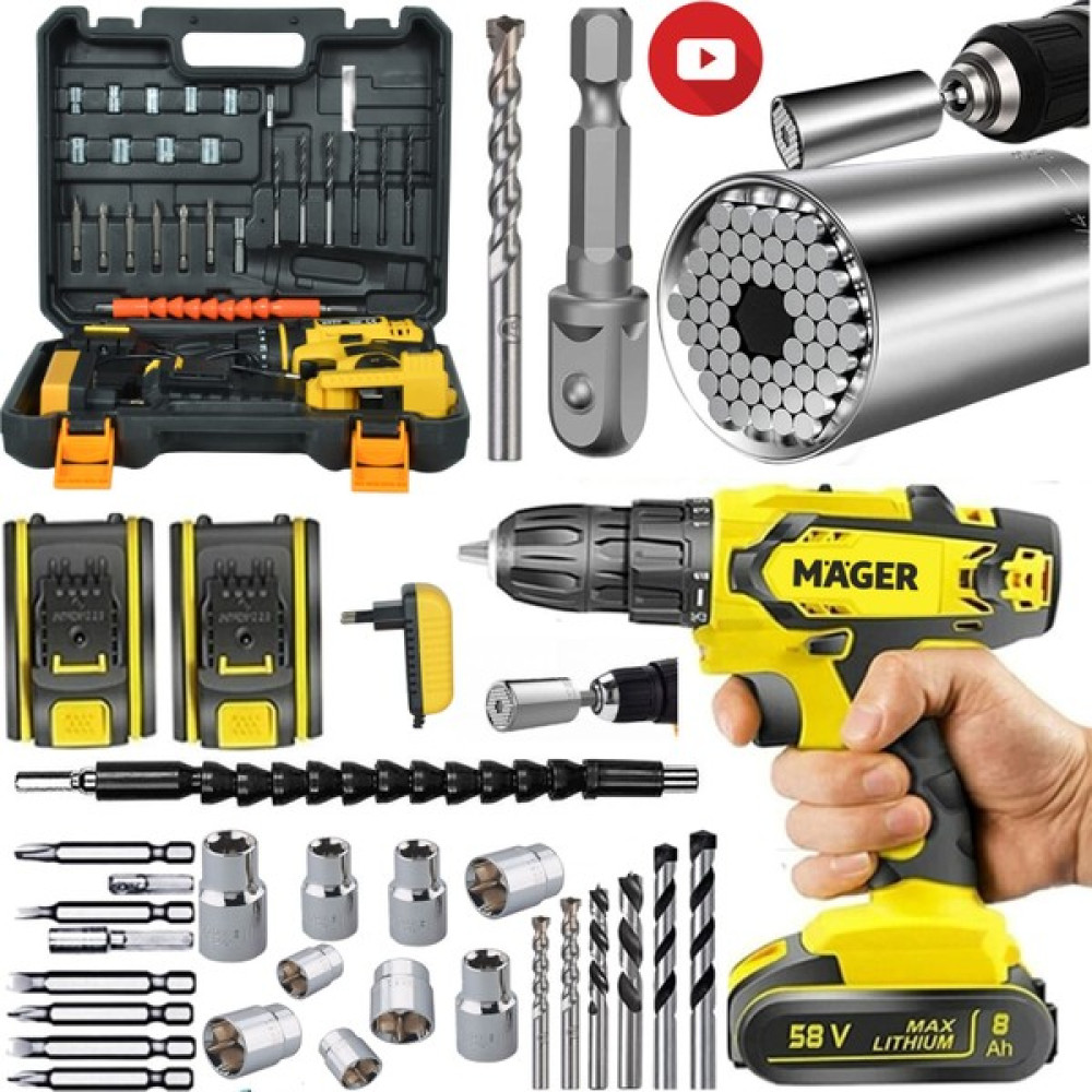 Mager Darbeli Metal Şanzıman 58 Watt 8 Ah Li-Ion Bataryalı Çift Akülü Şarjlı Matkap Gator Grip 2 Li Soket Hediye Elektrikli El Aletleri Fiyatı