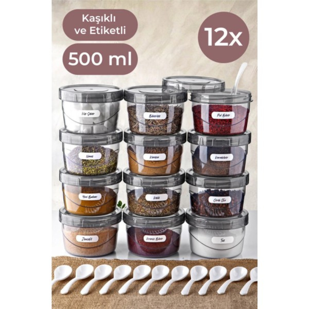 Magev 12 Adet Etiketli Kaşıklı Yuvarlak Baharatlık Takımı 500 ml Antrasit Baharat Setleri & Baharatlıklar Fiyatı