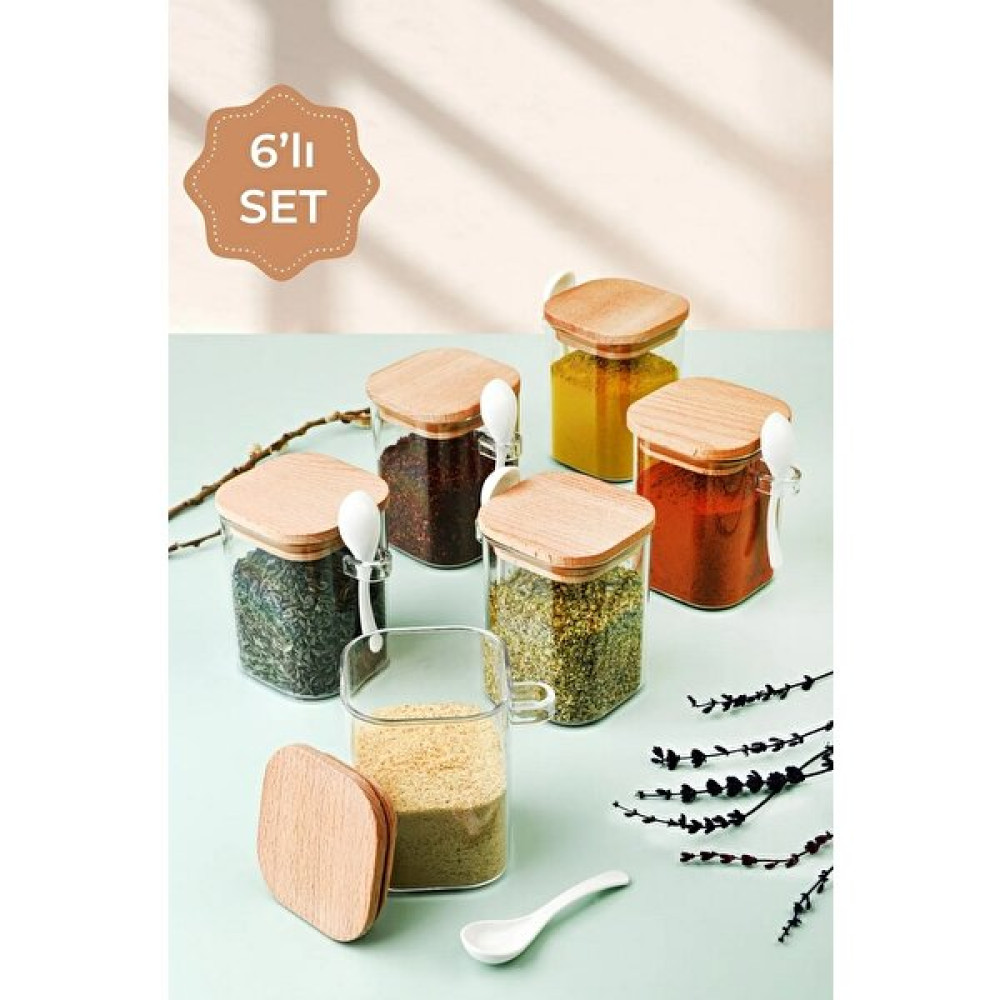 Magev Ahşap Kapaklı Kaşıklı Akrilik Baharatlık 6lı Set Baharat Setleri & Baharatlıklar Fiyatı