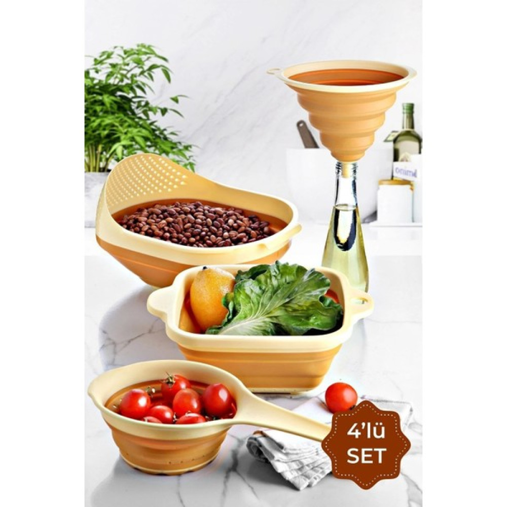 Magev Elegant 4 Parça Akordiyon Süzgeç Seti 1x(Huni, Saplı Süzgeç, Kare Süzgeç, Pirinç Süzgeci) - Sarı Mutfak Gereçleri Fiyatı