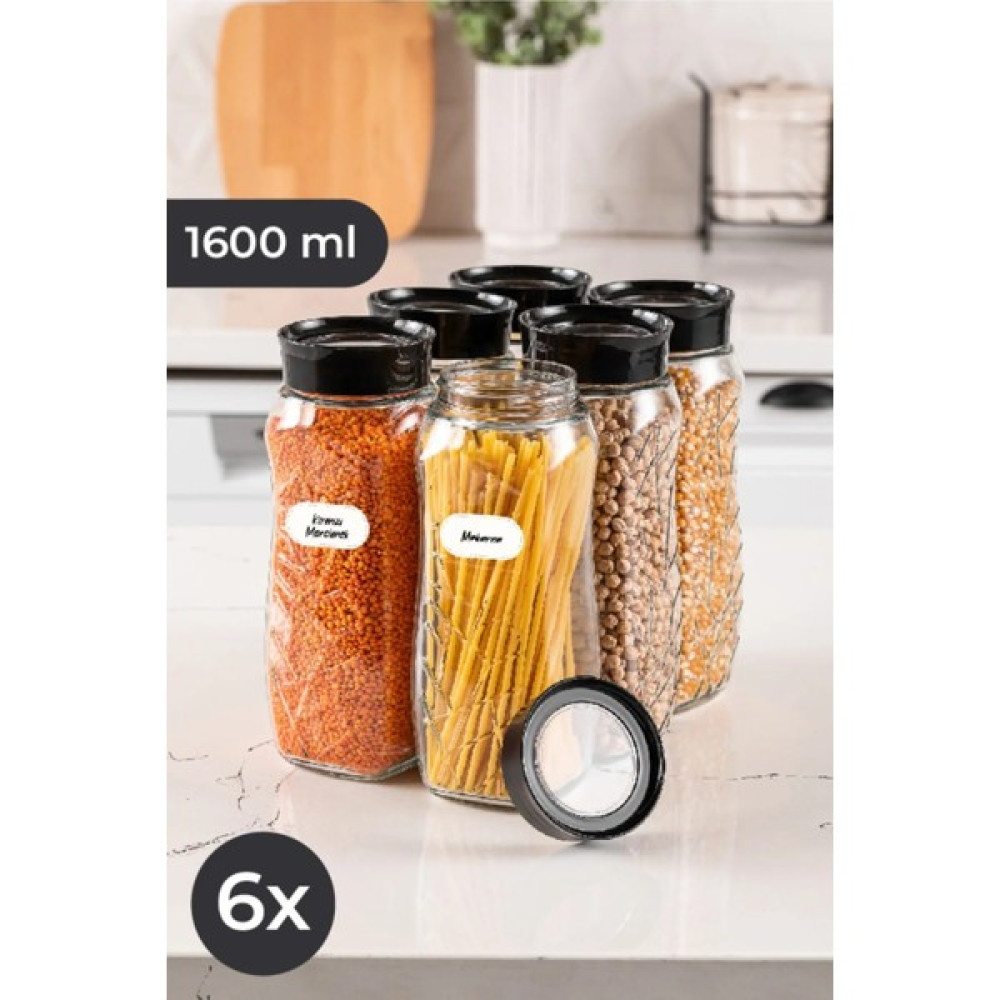 Magev Etiketli 6lı Kare Cam Kavanoz Erzak Kabı 1600 ml Siyah Kapaklı Saklama Kapları Fiyatı