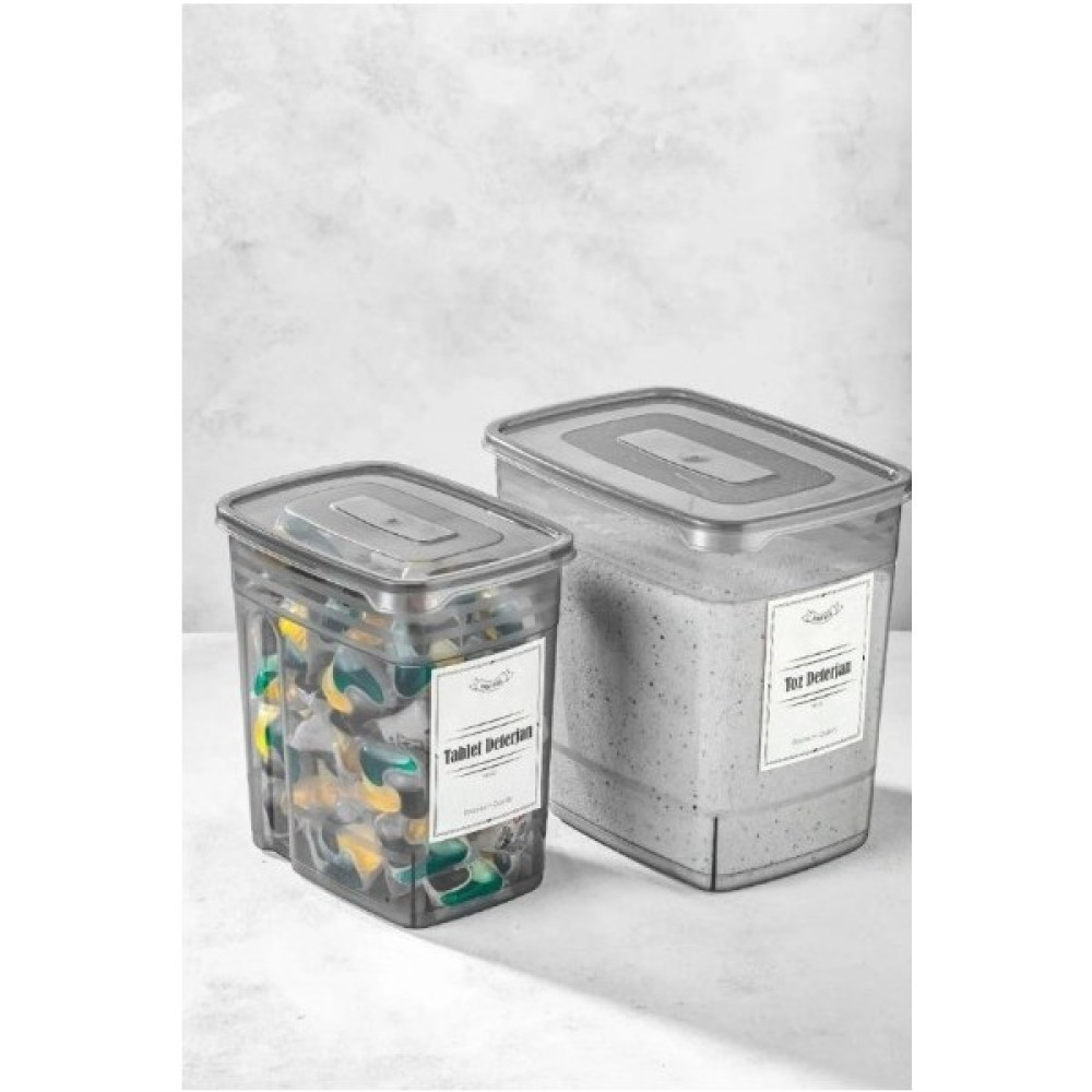 Magev Plastik Etiketli 2li Strip Mega Boy Toz ve Tablet Deterjan Saklama Kutusu 1x(3,5 Litre, 2 Litre) - Gri Eşya Saklama Kutusu Fiyatı