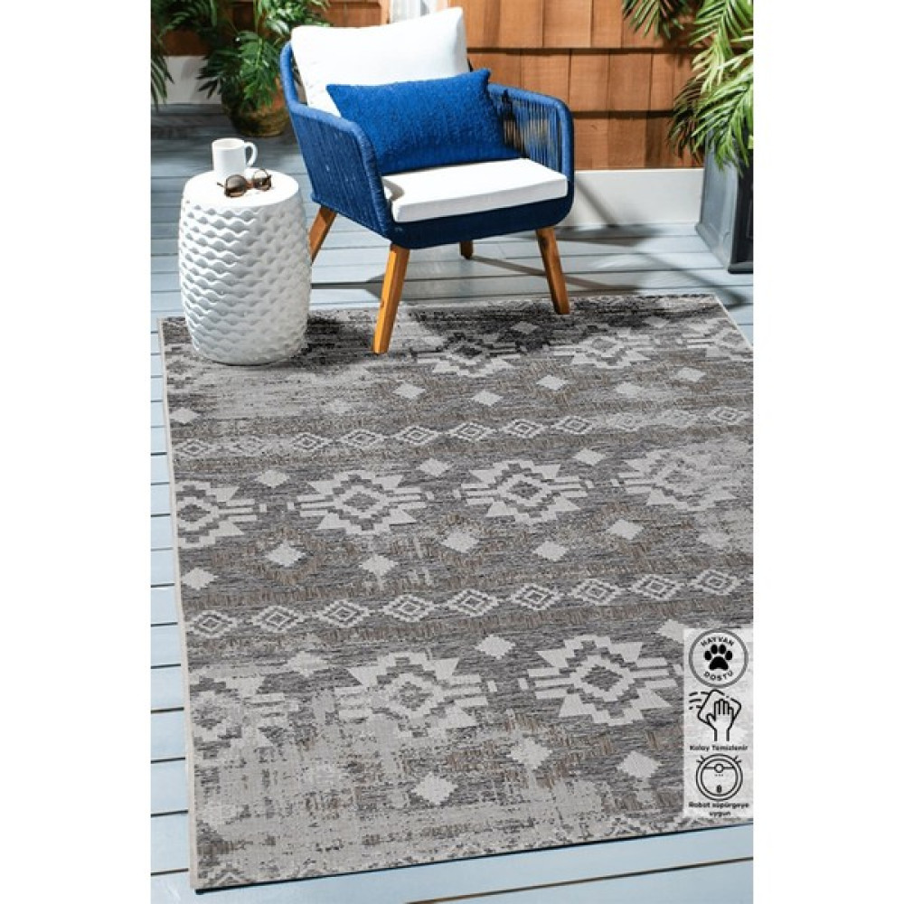 Magic Sisal Modern Salon Halısı Oturma Odası Yazlık Plaj Kamp Piknik Bahçe Balkon Teras Halısı - 80 x 150 cm - Antrasit - Krem Salon Halısı Fiyatı