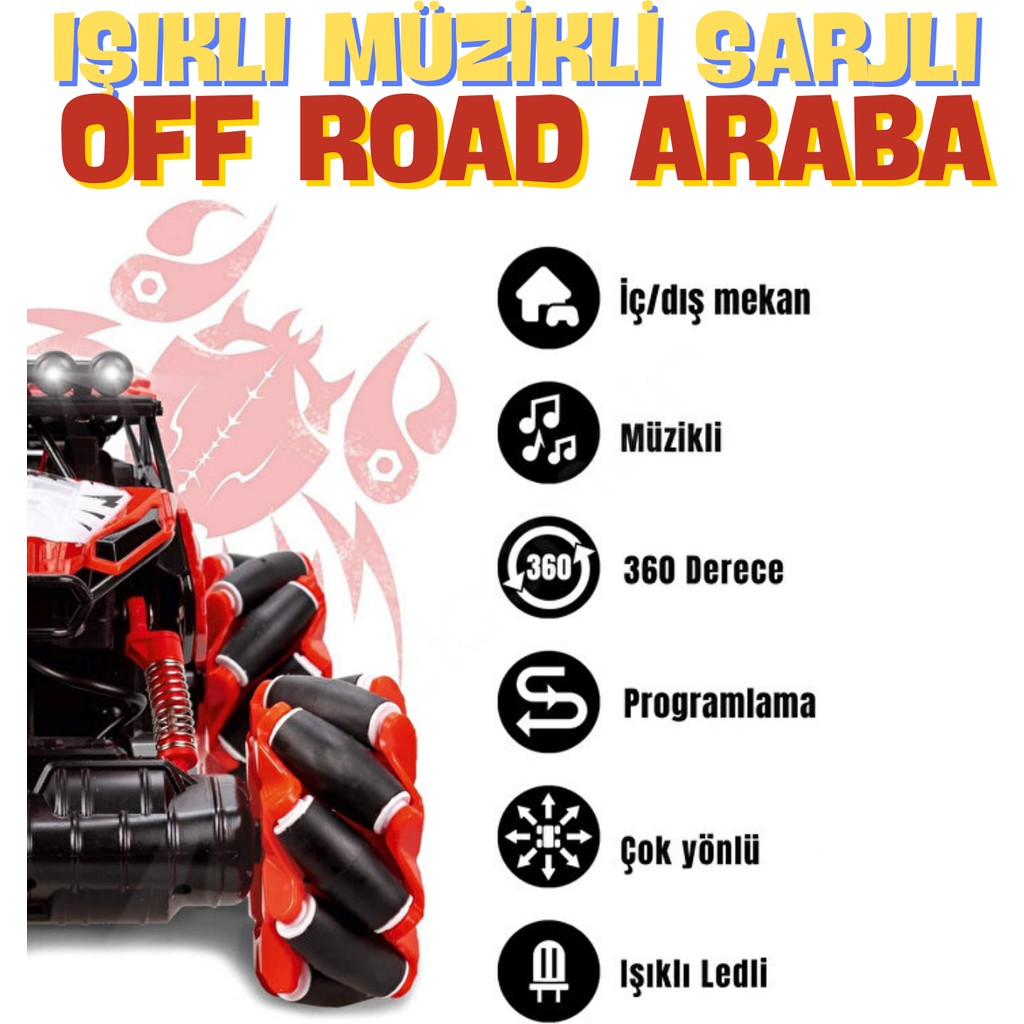 Magicway Müzikli Işıklı Sarjlı Drift Atan 4x4 Yüksek Performanslı 360° Dönen Yan Yan Giden Akrobat Off Road Arazi Aracı Oyuncak Araba - Kırmızı Anne Bebek Oyuncak Fiyatı