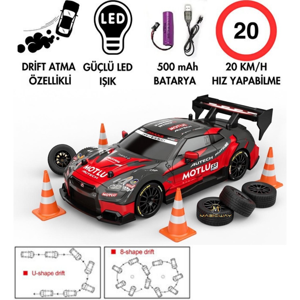 Magicway Şarjlı Işıklı Drift Drift Için Üretilmiş Araba 2.4ghz Uzaktan Kumandalı Değiştirilebilir Drift Lastikleri Yarış Arabası - Kırmızı Diğer Fiyatı