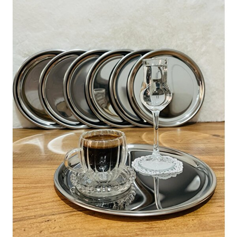 Maglor 6 Adet Gümüş Paslanmaz Çelik Yuvarlak Çay,kahve,pasta Servis Tepsisi Sunum Tepsisi 21,5 cm Servis Tepsisi Fiyatı