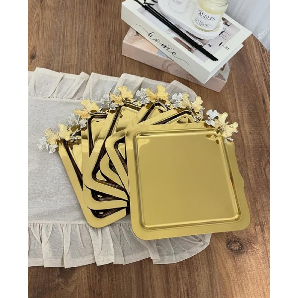 Maglor Lüx Gold Kelebek Aksesuarlı Paslanmaz Çelik Kare 6’lı Kahve, Çay, Dekoratif Sunum Servis Tepsisi Servis Tepsisi Fiyatı