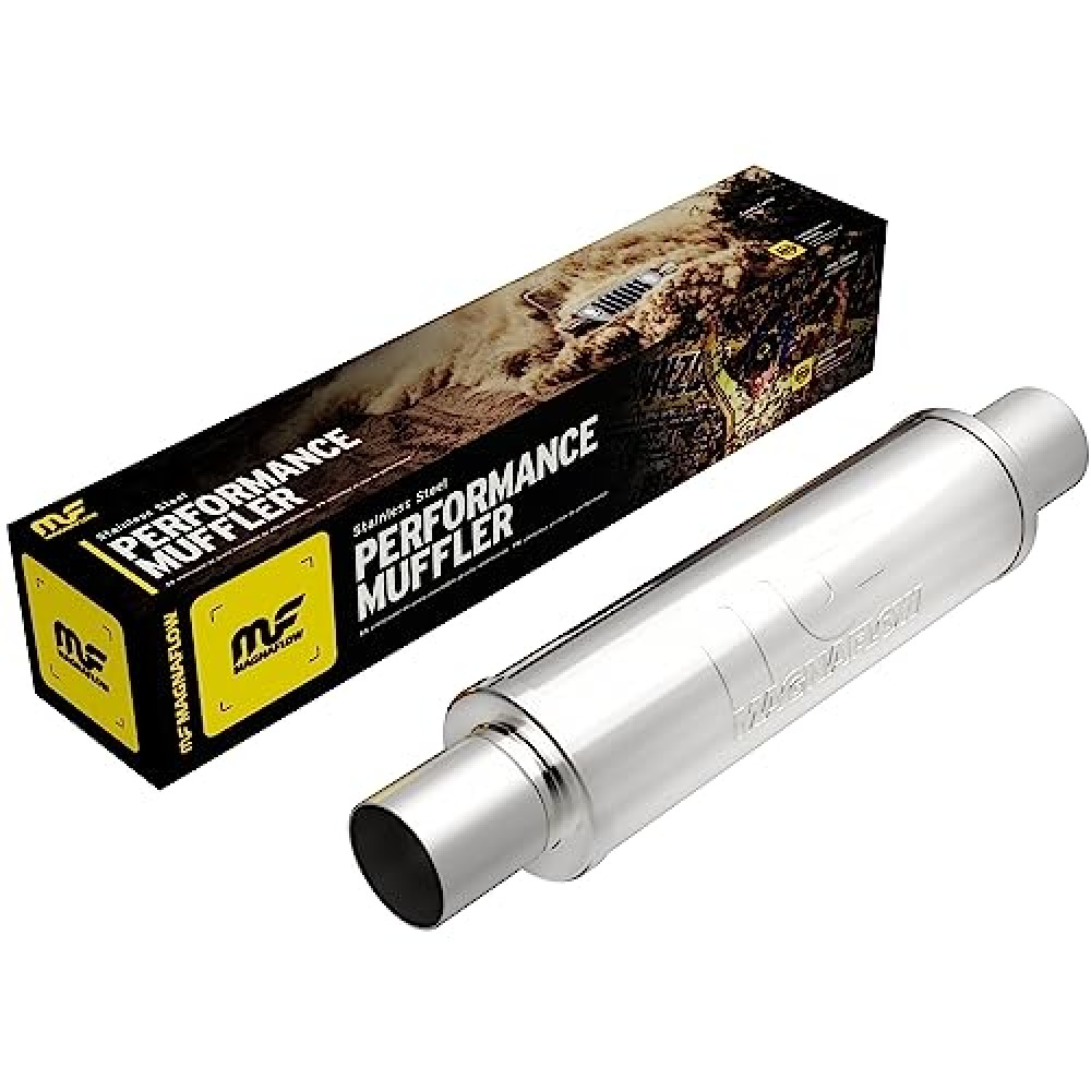 MagnaFlow Performance Exhaust Muffler 10416: 2.5"/2.5" Inlet/Outlet, 4x4x14" Round, Stainless Steel, Satin Finish