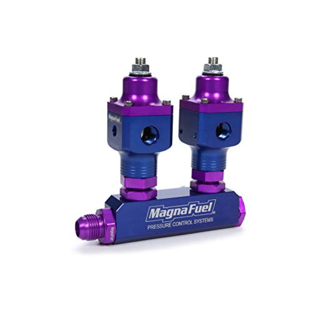 MagnaFuel Nitrous Oxide Fuel Pressure Regulator Kit, Two Regulators, Fuel Block, Aluminum, Blue/Purple Anodized, Single 4-Barrel Carbs, Kit (MP-9540)
