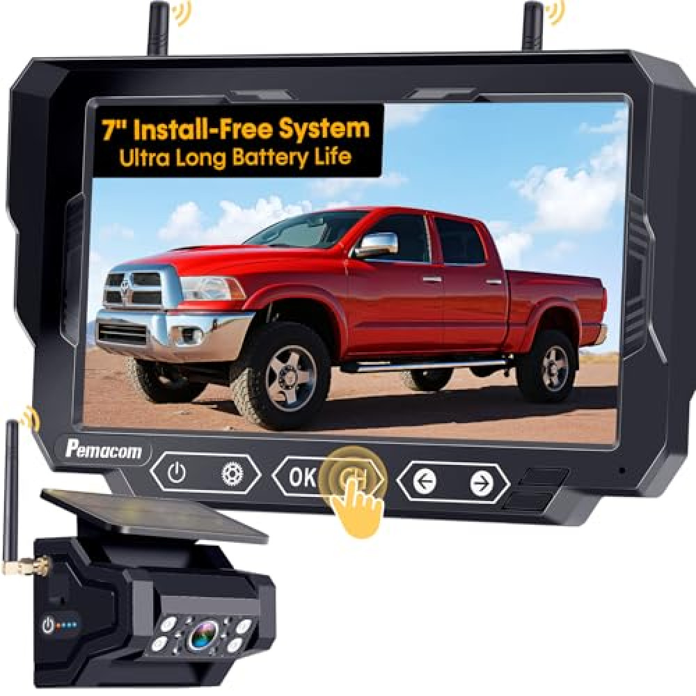 Magnetic Solar Wireless Backup Camera: 7" Portable 1 Min Easy Install Scratch-Proof No Delay Truck Trailer Hitch Rear View Camera Rechargeable HD 1080P for Small RV Camper Pemacom P15