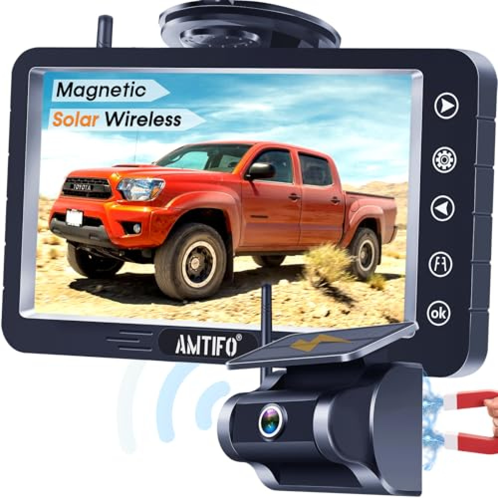 Magnetic Solar Wireless Backup Camera - Voice-Controlled, No-Drill Installation, 5-Inch HD1080P Screen, Long Battery Life, Night Vision, Anti-Interference 2.4GHz Signal for Trucks, RVs, Trailers
