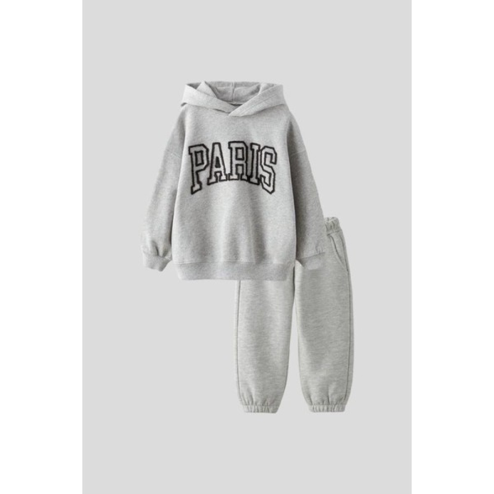Magu Çocuk Gri Paris Desenli Kapşonlu Pamuklu Sweatshirt Eşofman Alt-Üst Takım Erkek Çocuk Giyim Takımı Fiyatı