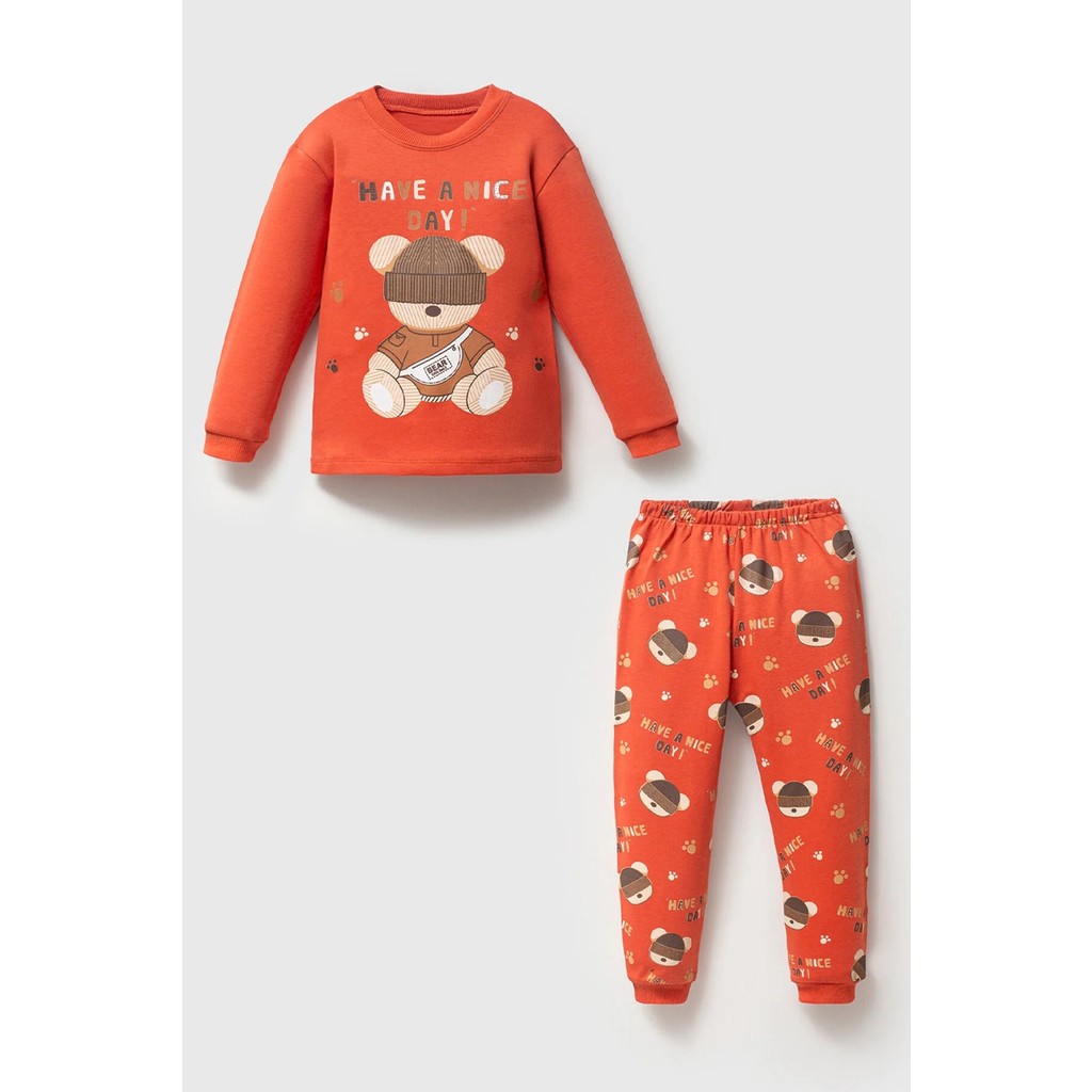 Mahfel %100 Pamuklu Sapkalı Ayı Baskılı Bebek&çocuk Pijama Takımı Kırmızı Diğer Fiyatı