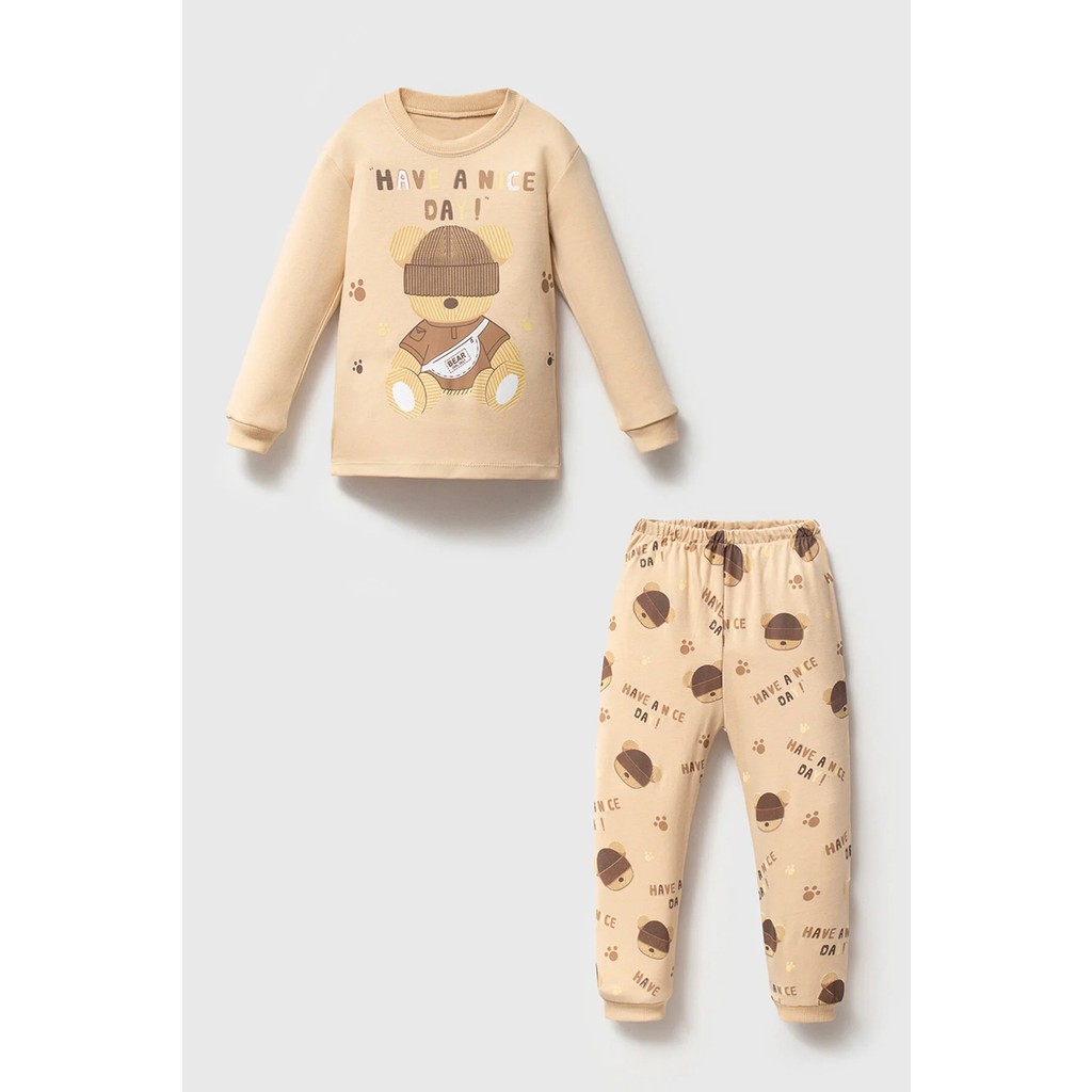 Mahfel %100 Pamuklu Sapkalı Ayı Baskılı Bebek&çocuk Pijama Takımı Krem Diğer Fiyatı
