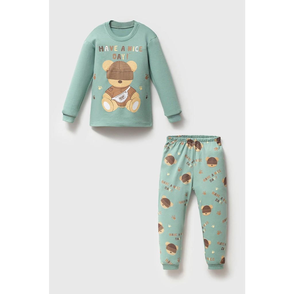 Mahfel %100 Pamuklu Sapkalı Ayı Baskılı Bebek&çocuk Pijama Takımı Yeşil Diğer Fiyatı