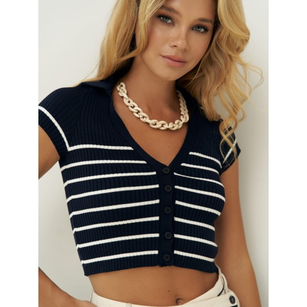 Mai Collection Belen Düğme Detay Çizgili Lacivert Crop Bluz Fiyatı