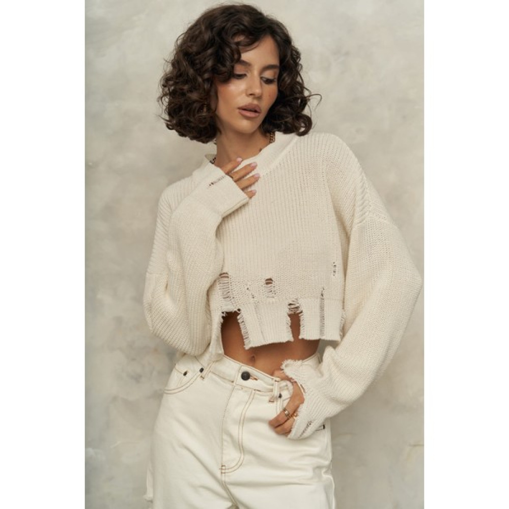 Mai Collection Cala Ekru Yırtık Detay Triko Crop Kazak Bayan Kazak & Süveter & Triko Fiyatı