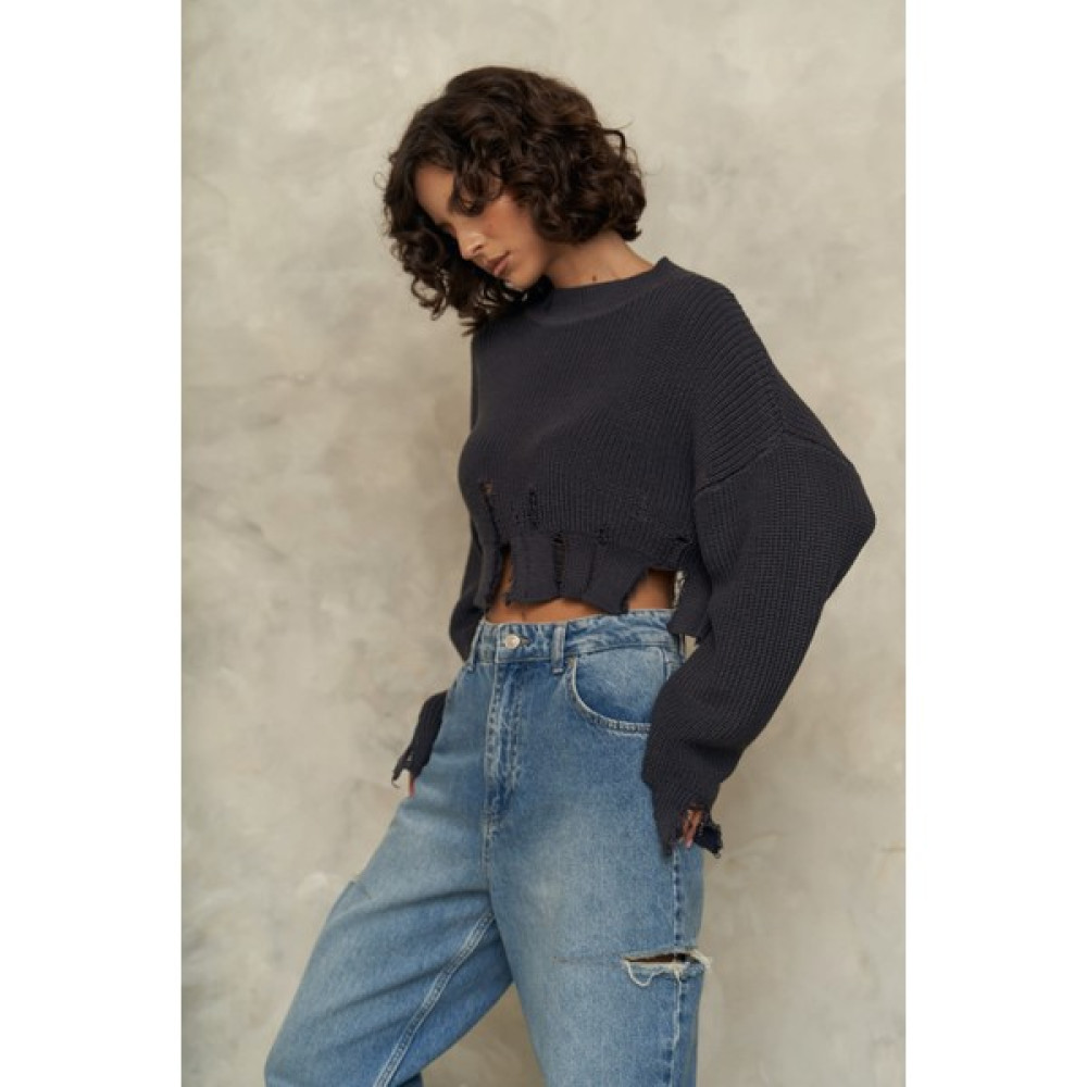 Mai Collection Cala Füme Yırtık Detay Triko Crop Kazak Bayan Kazak & Süveter & Triko Fiyatı