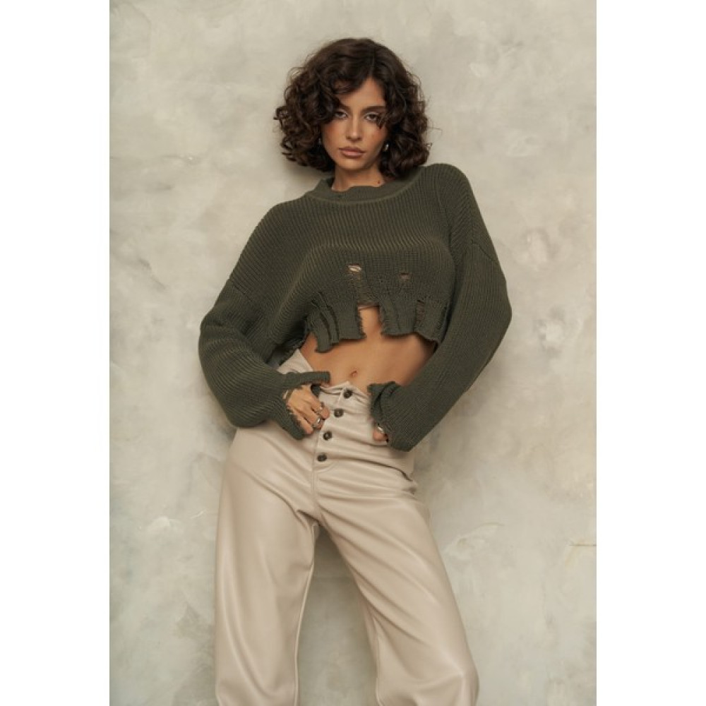 Mai Collection Cala Koyu Haki Yırtık Detay Triko Crop Kazak Bayan Kazak & Süveter & Triko Fiyatı